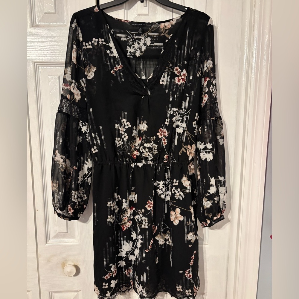 White House Black Market Black Floral Long Sleeve Dress
